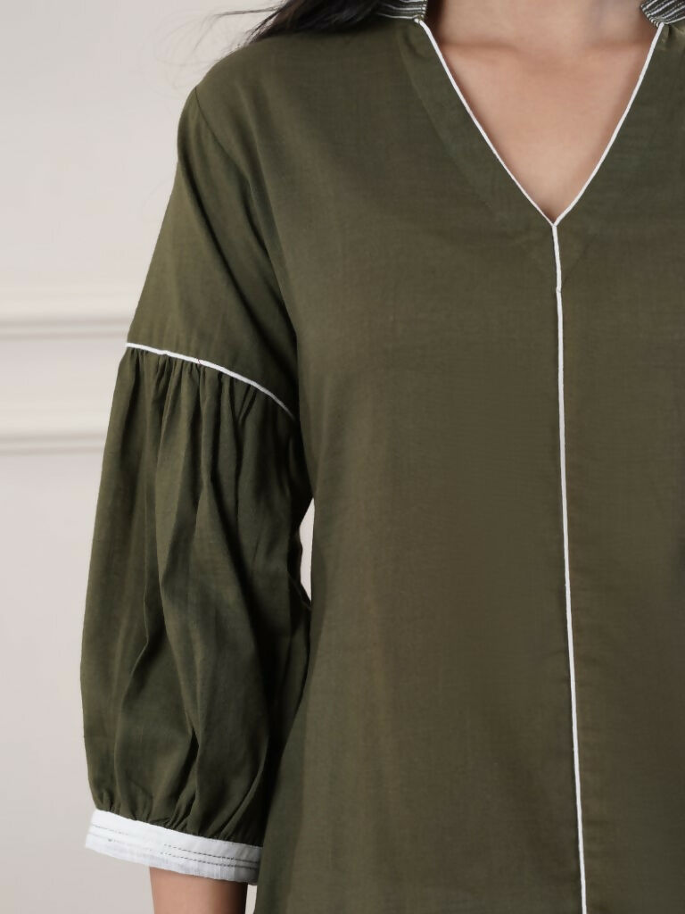 Women's Khaki V-Neck Calf-Length Casual Dress