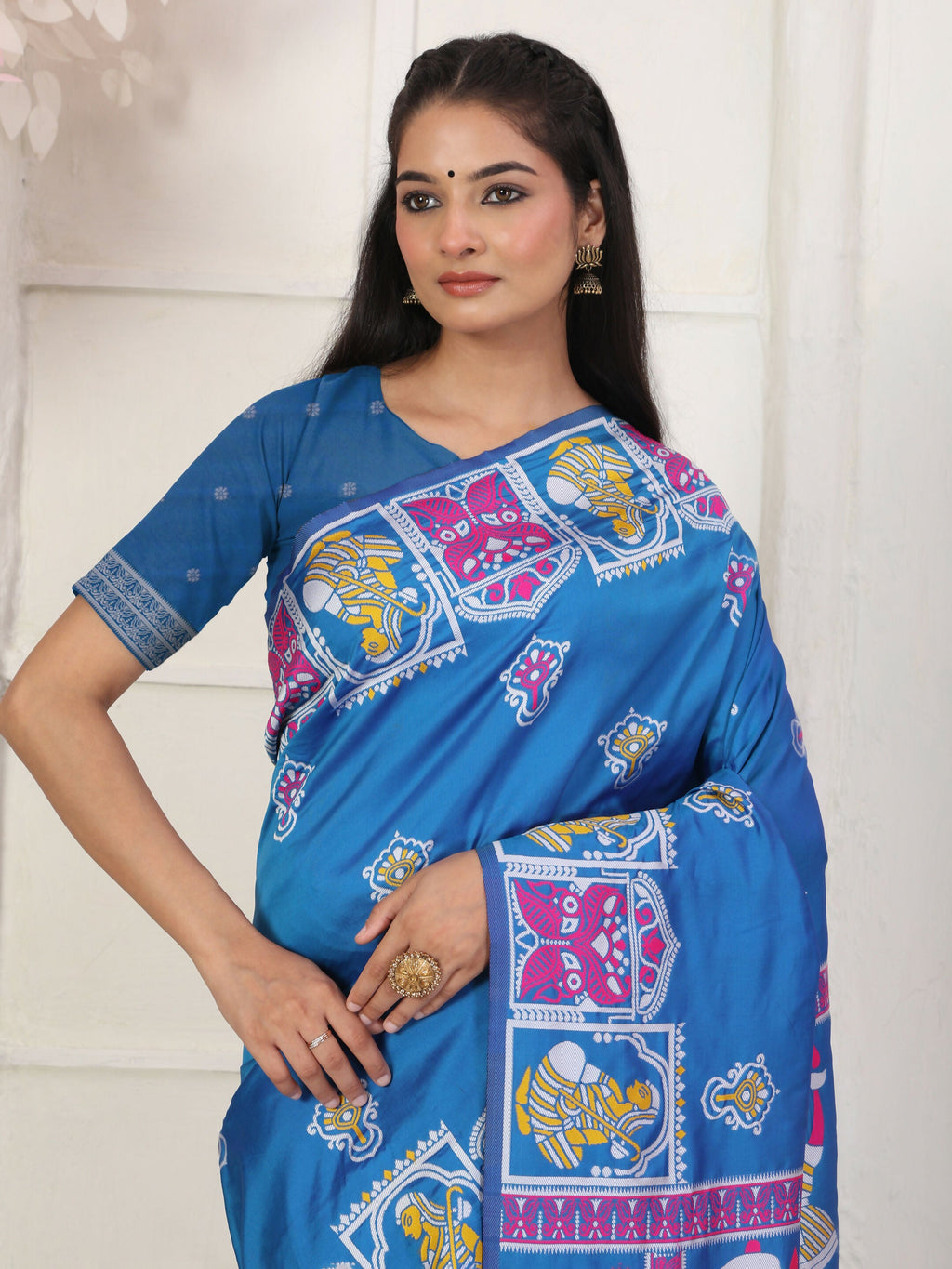 Silk Blend Blue Saree with Matching Blouse Fabric