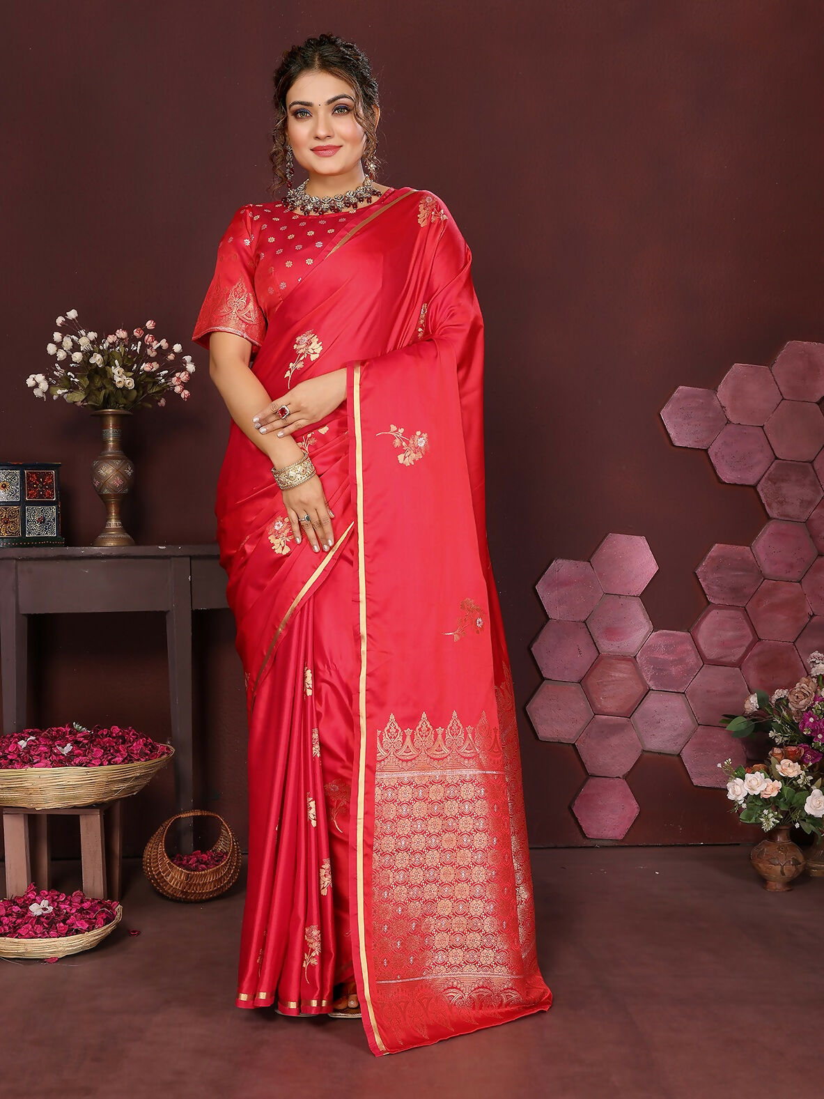 Reddish pink floral Banarasi satin silk saree with unstitched blouse