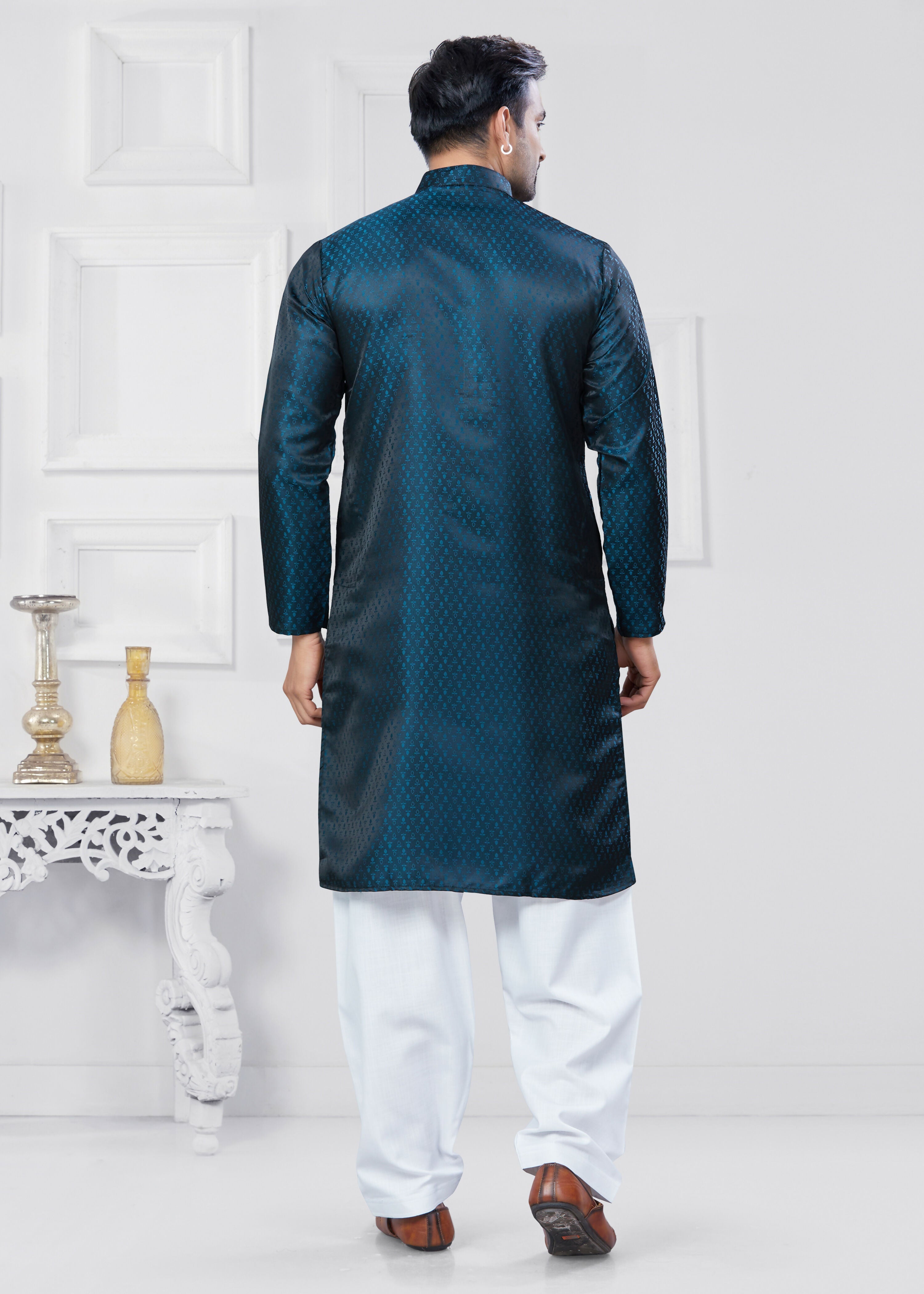 Men's Jacquard Silk Rama Printed Kurta Pyjama Set - Traditional Wear