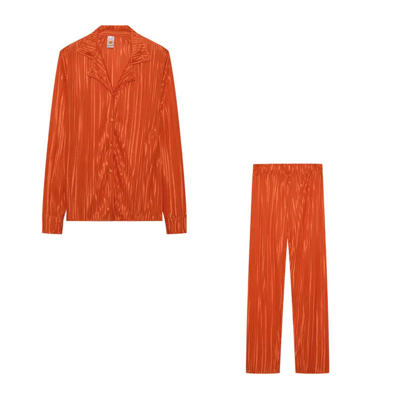 Women's Pleated Casual Button Down Shirt and Wide Leg Pant Set - Image 24