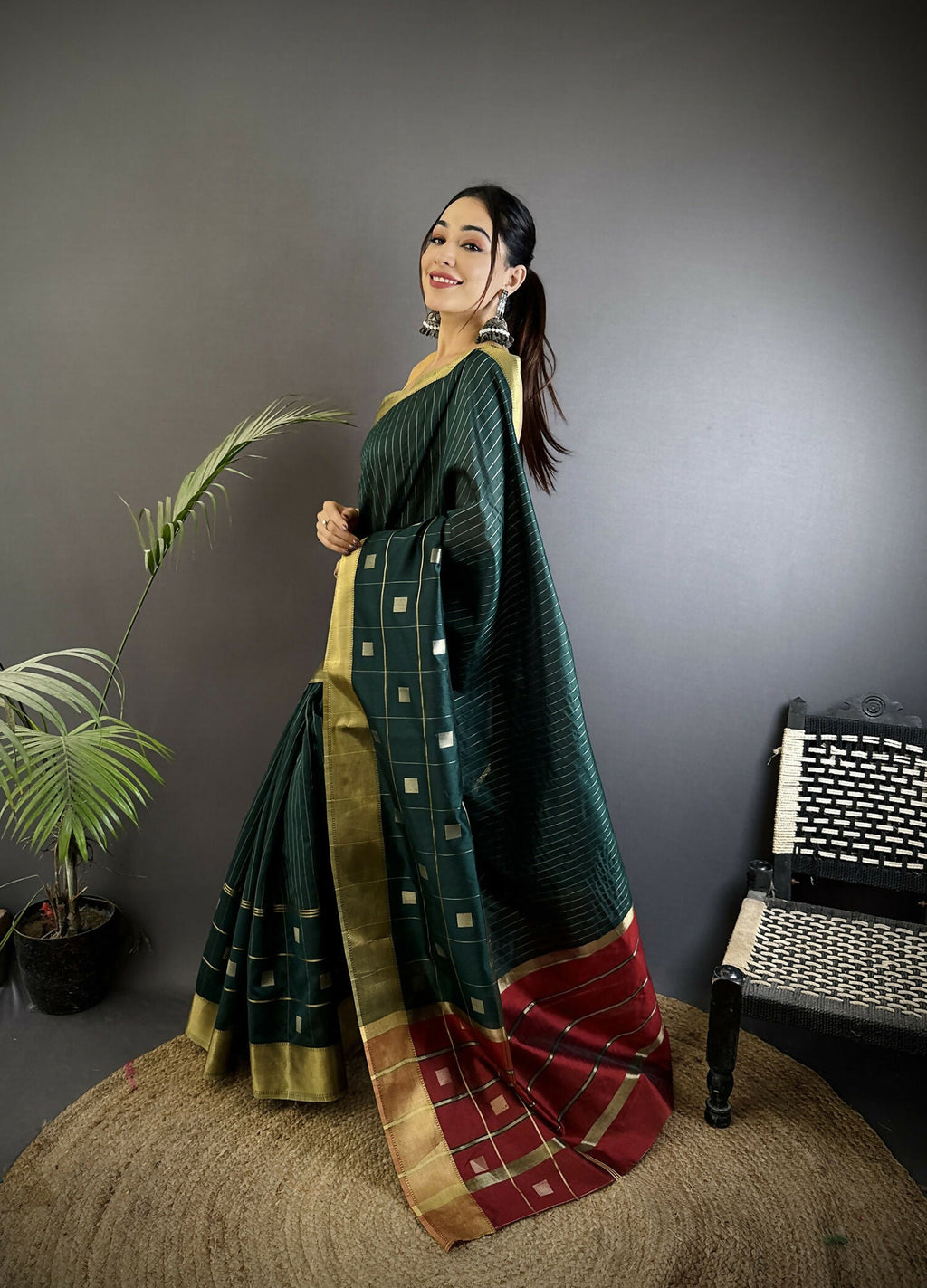 Teal Bhagalpuri Cotton Silk Striped Box Pattern Saree