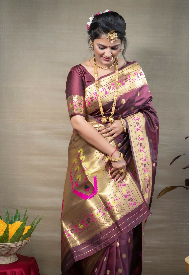Women's Brown Paithani Silk Zari Woven Saree with Matching Blouse