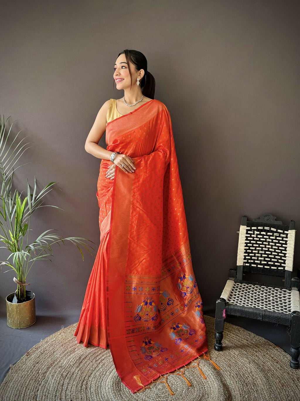 Orange Lichi silk Paithani saree with jacquard butti work