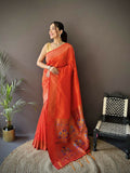 Orange Lichi silk Paithani saree with jacquard butti work
