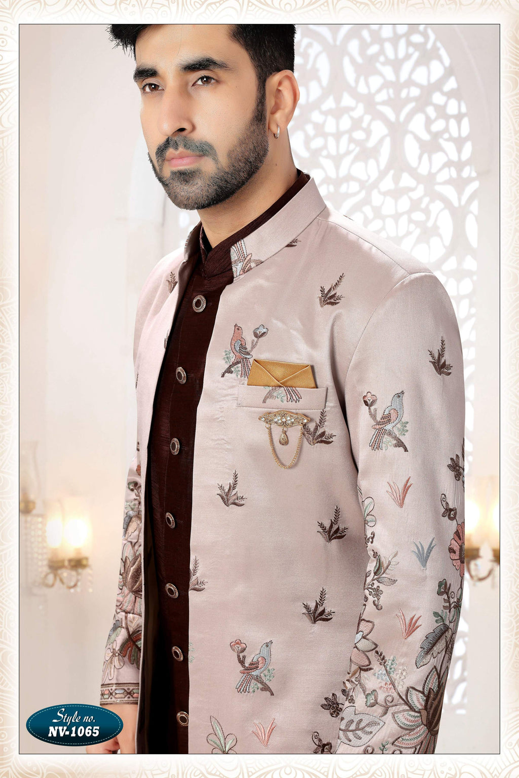 Men's Skin Brown Straight Silk Kurta Set with Embroidery
