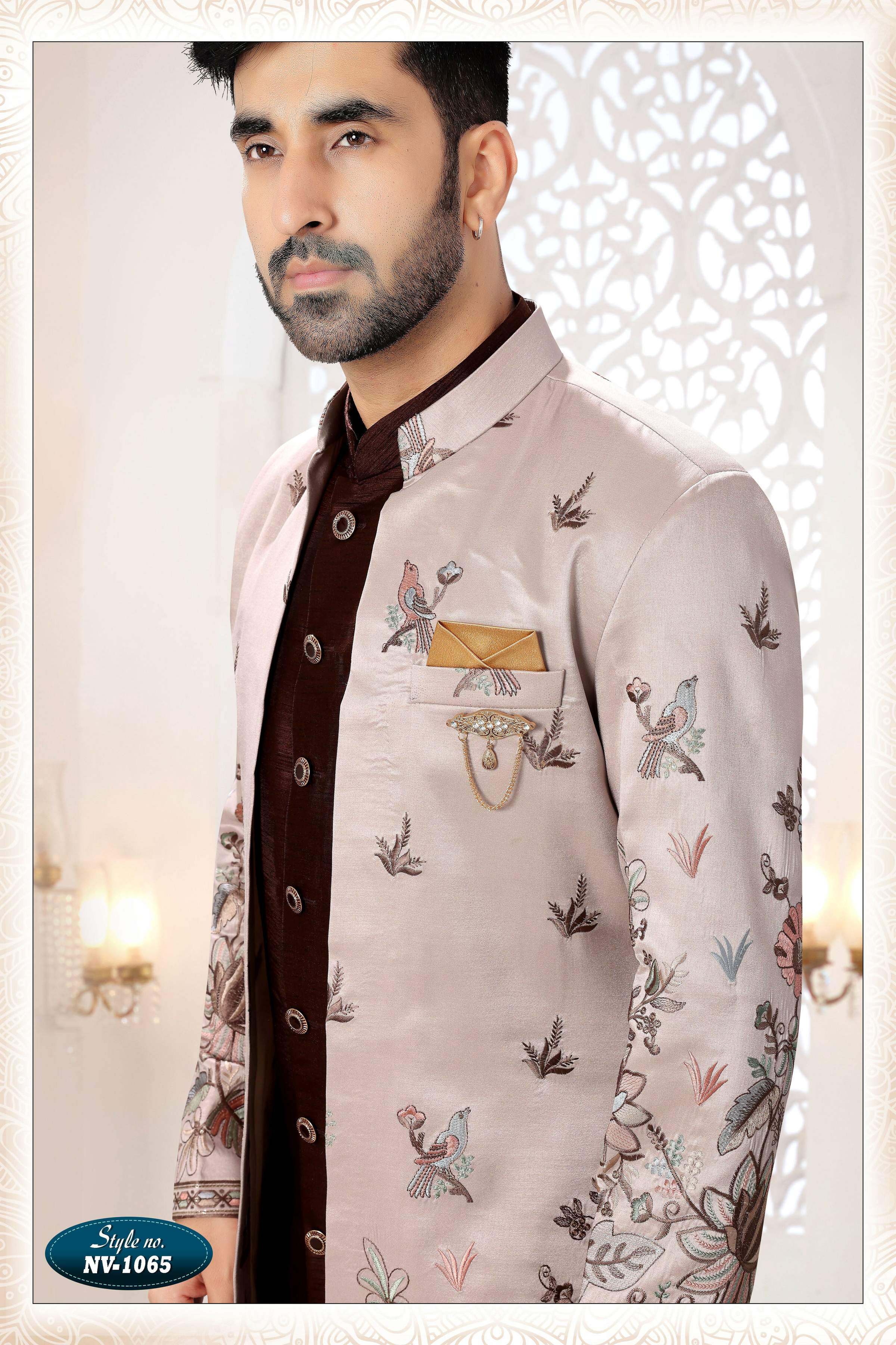 Men's Skin Brown Straight Silk Kurta Set with Embroidery