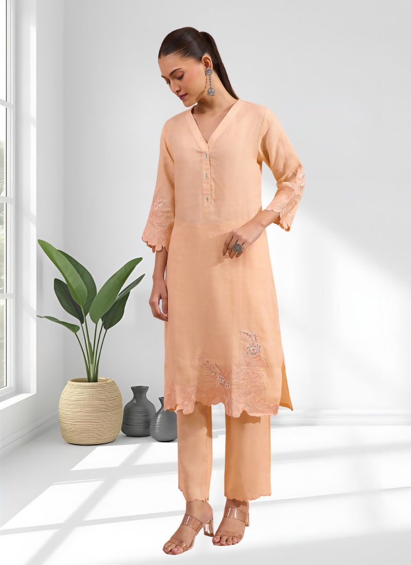 Coral Embroidered Linen Long Kurta with Matching Pants Set