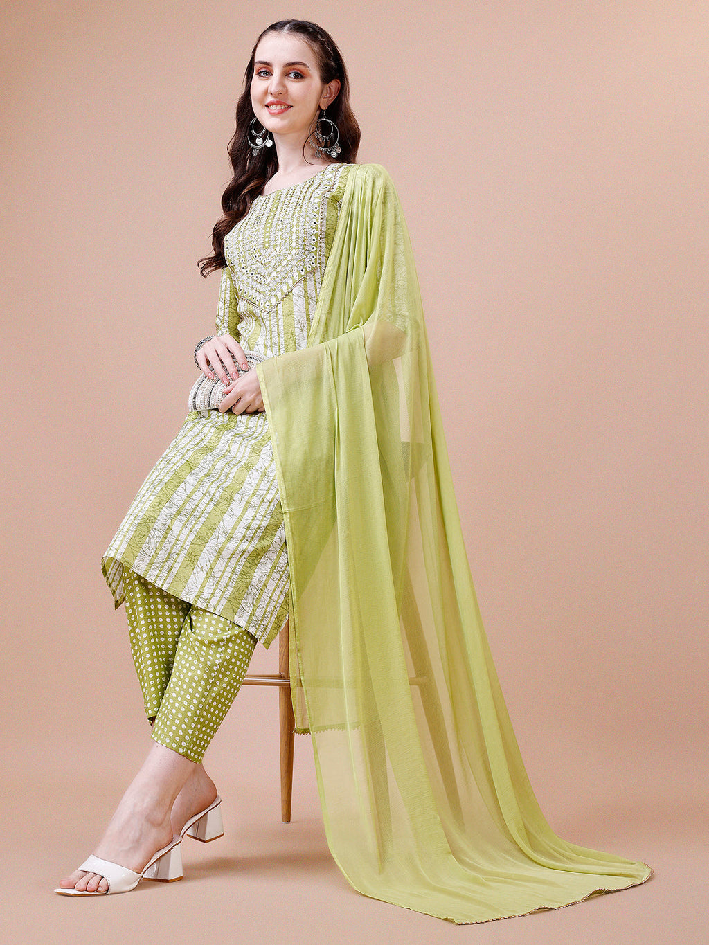 Multicolor Mirror Embroidered Kurta With Pant and Dupatta Set