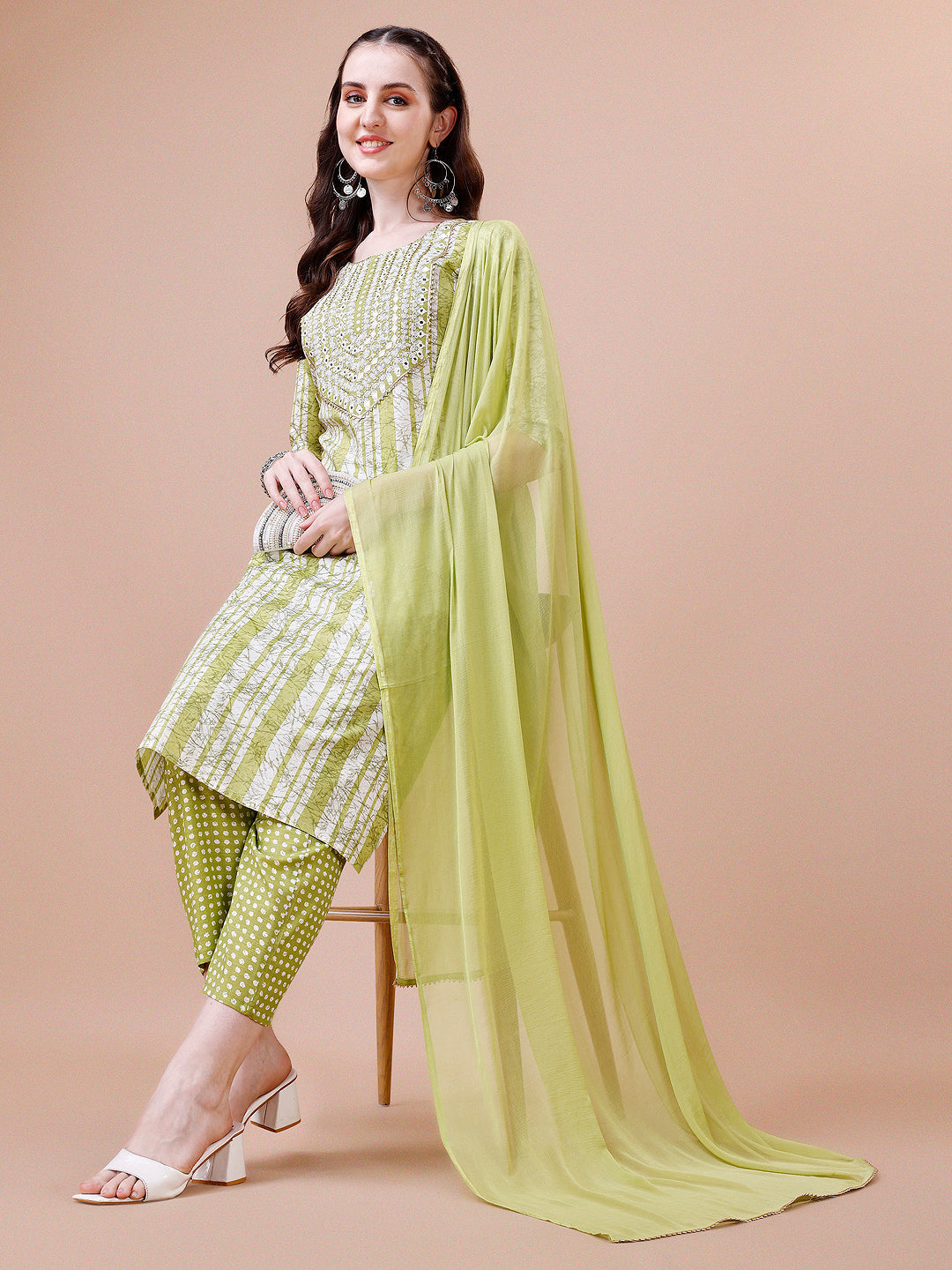 Multicolor Mirror Embroidered Kurta With Pant and Dupatta Set