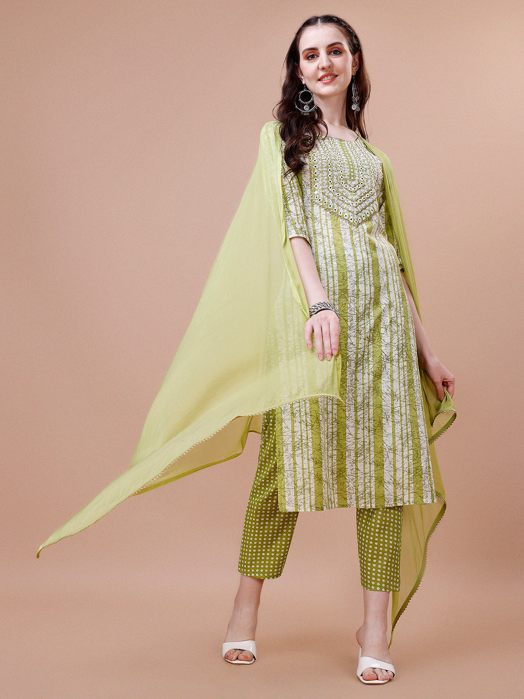 Multicolor mirror embroidered kurta with matching pant and dupatta set in rayon fabric