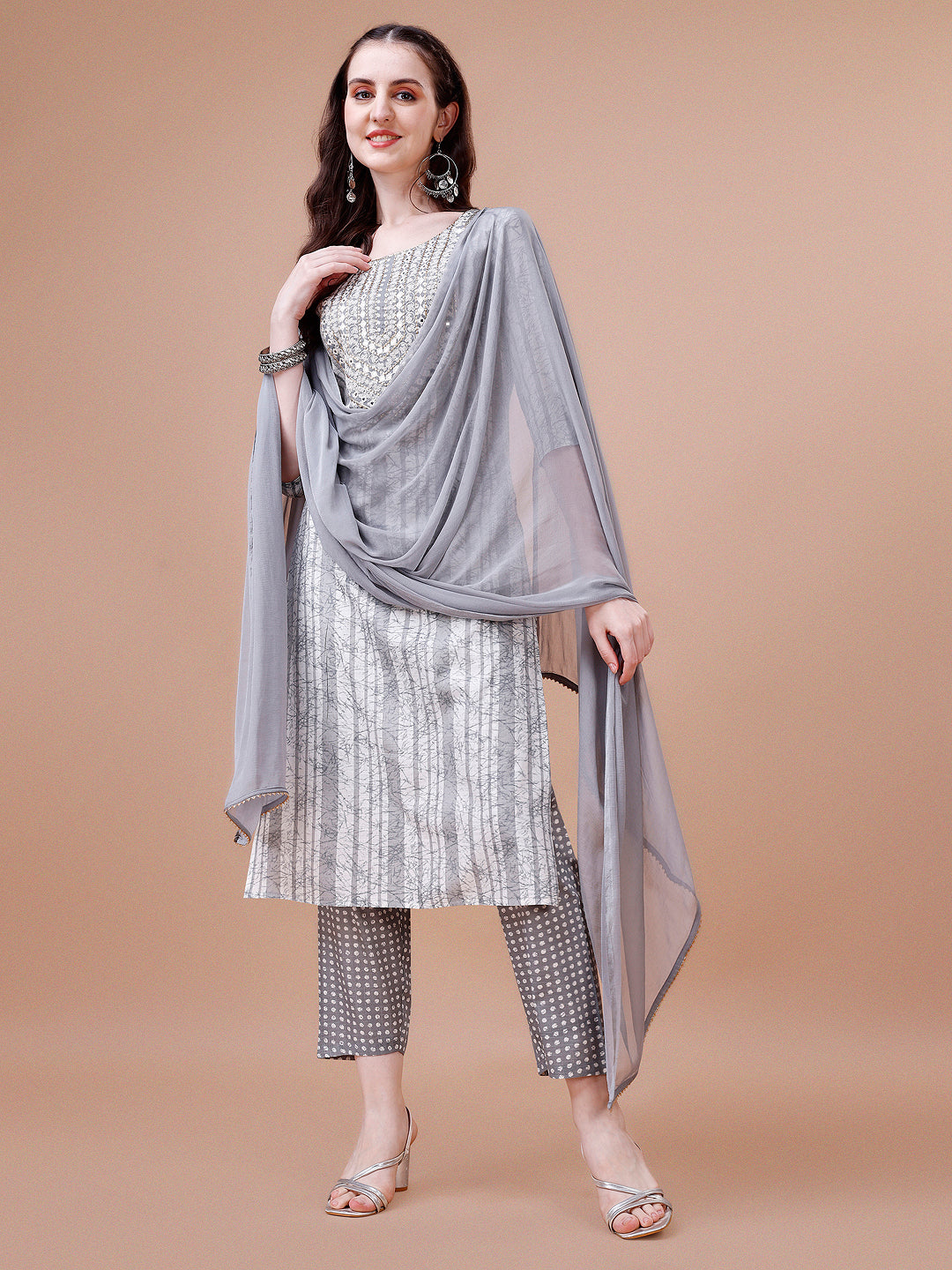 Mirror Embroidered Striped Cotton Kurta Set with Pant & Dupatta