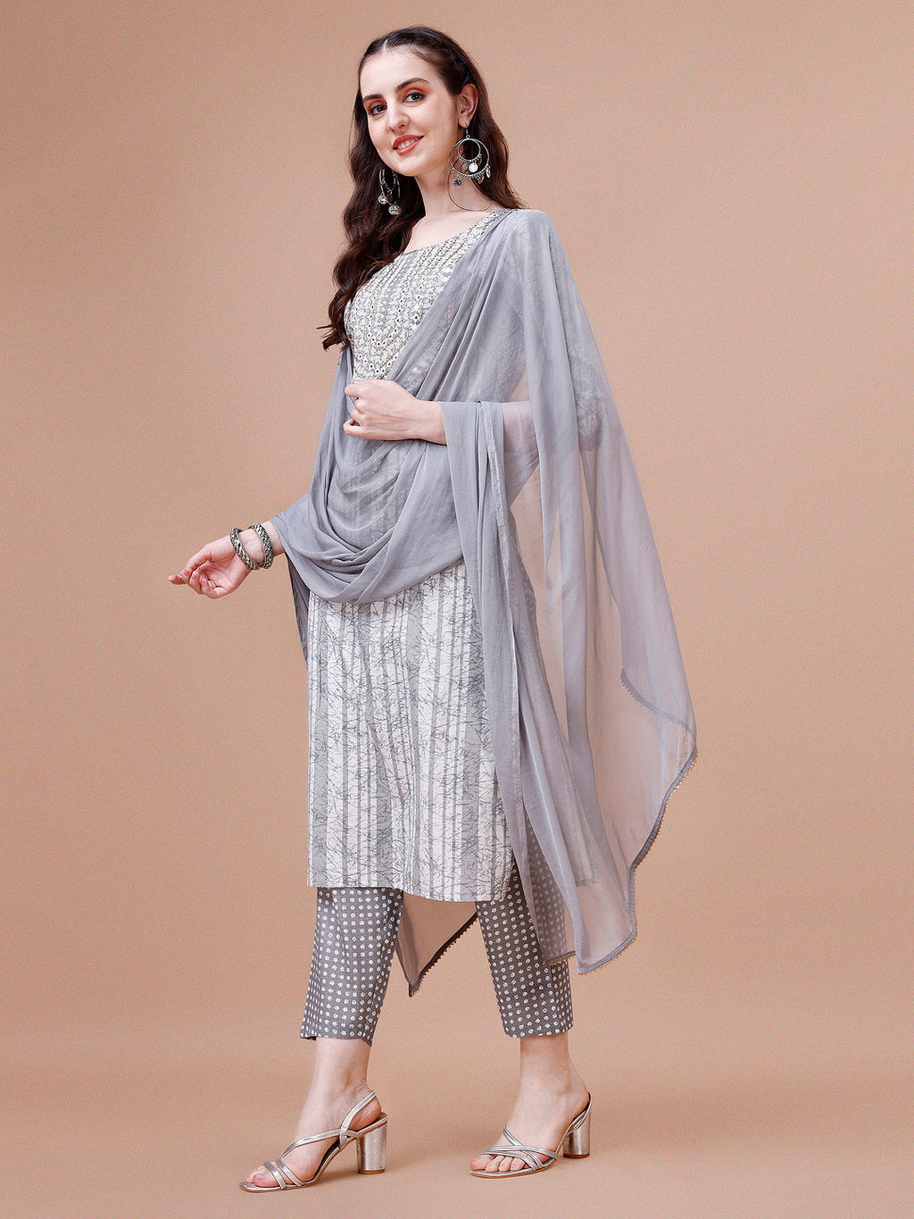 Mirror Embroidered Striped Cotton Kurta Set with Pant & Dupatta