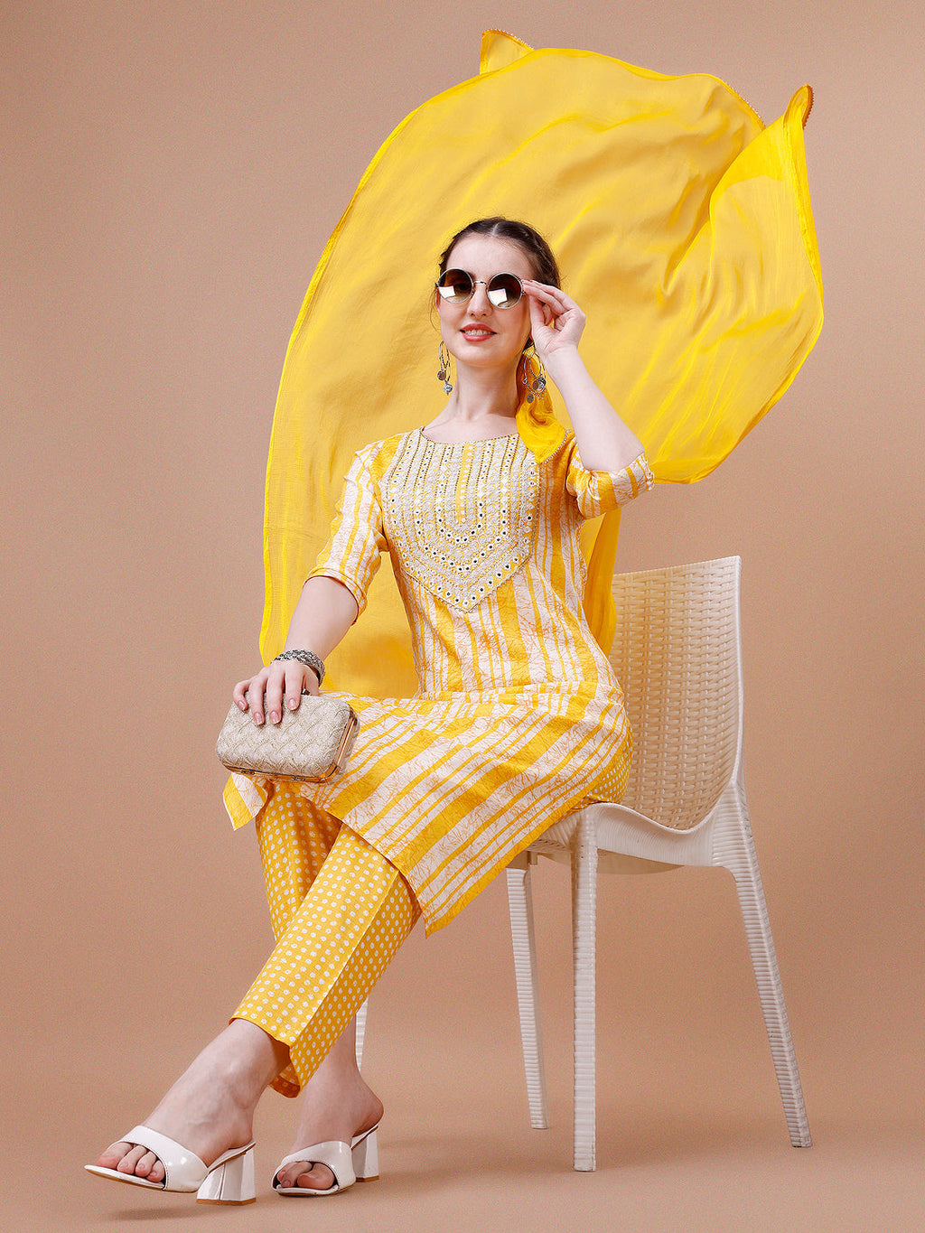 Mirror Embroidered & Striped Printed Kurta Pant & Dupatta Set