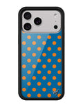 A sleek iPhone case with a deep blue background and bright orange polka dots, featuring a black rubber protective bumper.