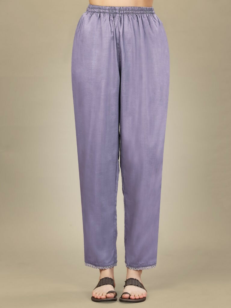 Lavender Silk Blend Embroidered Kurta Set with Trousers and Dupatta