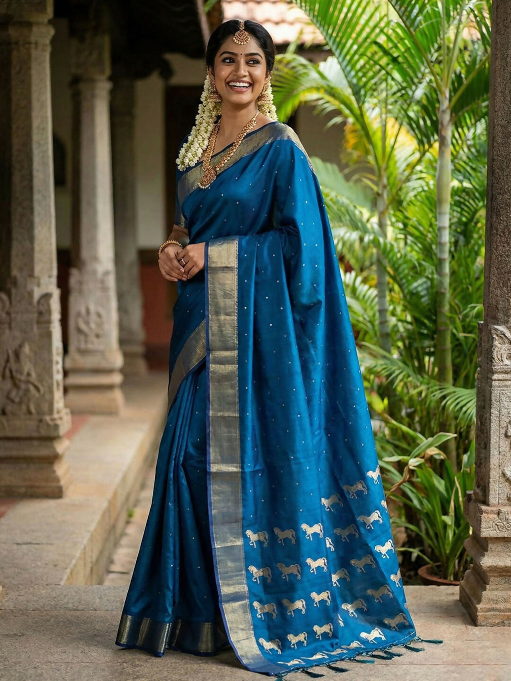 Elegant Royal Blue soft silk saree with matching blouse piece displayed elegantly