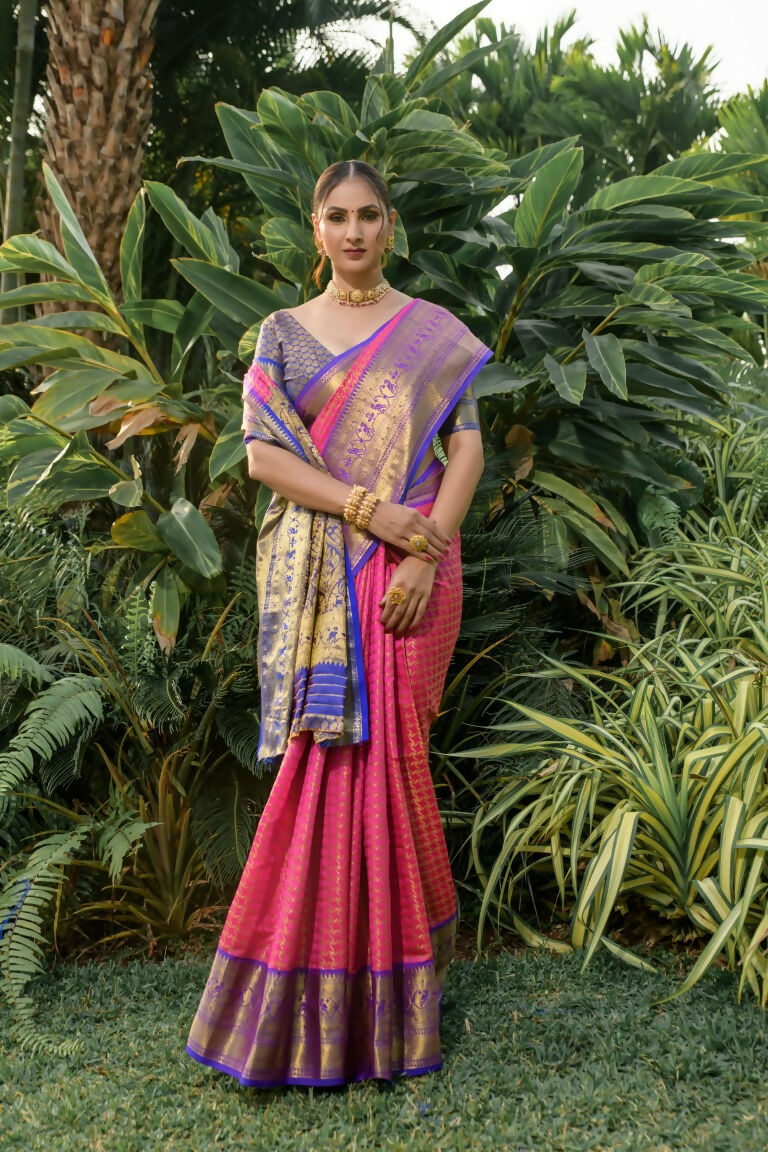 Pink Kanjivaram Silk Saree with Blue Blouse and Zari Work