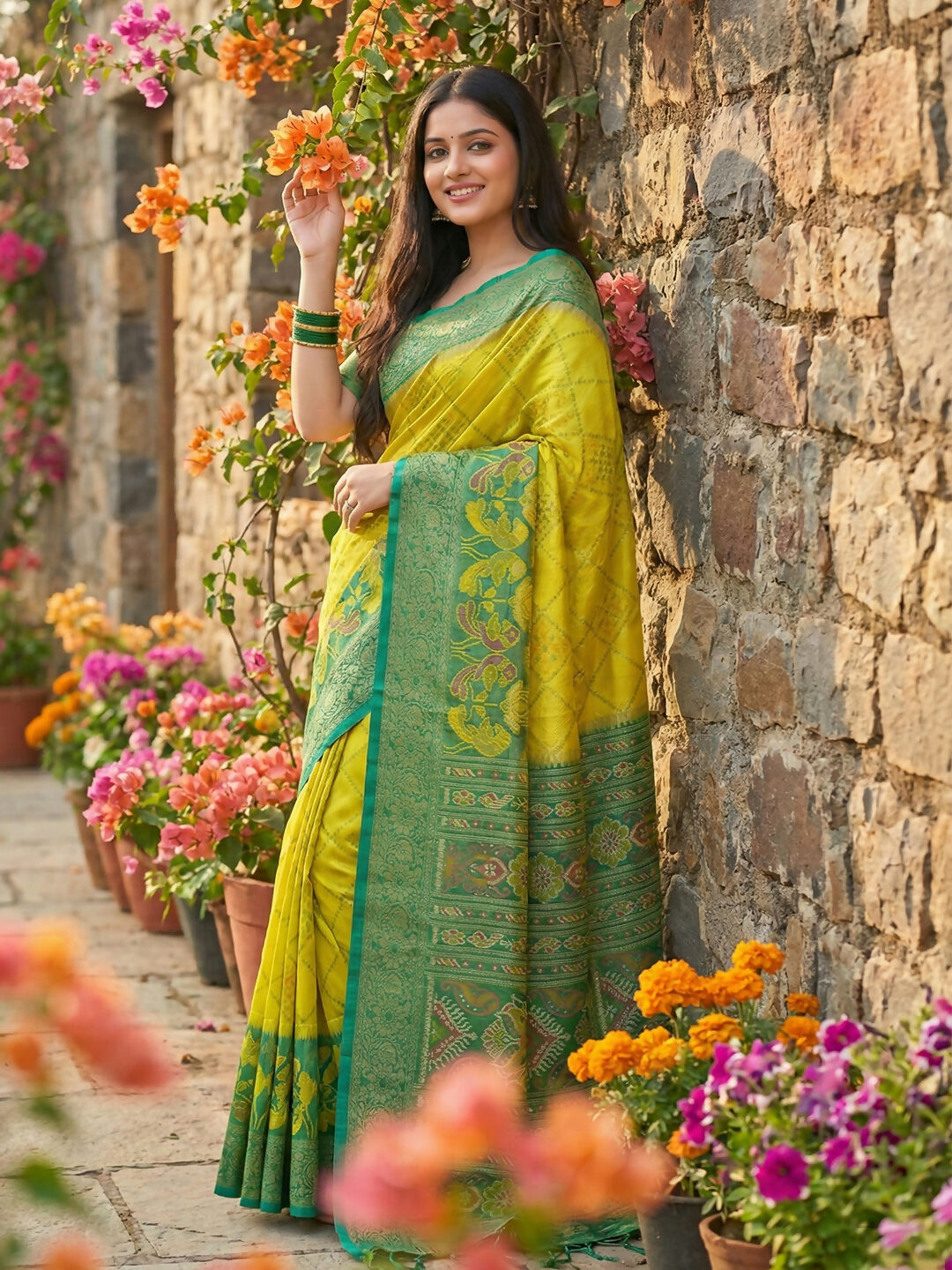 Green Pochampally Silk Saree with Blouse Piece