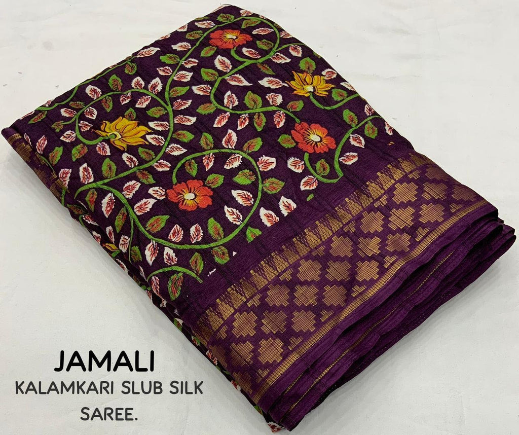 Purple Slub Silk Printed Saree with Unstitched Blouse Piece
