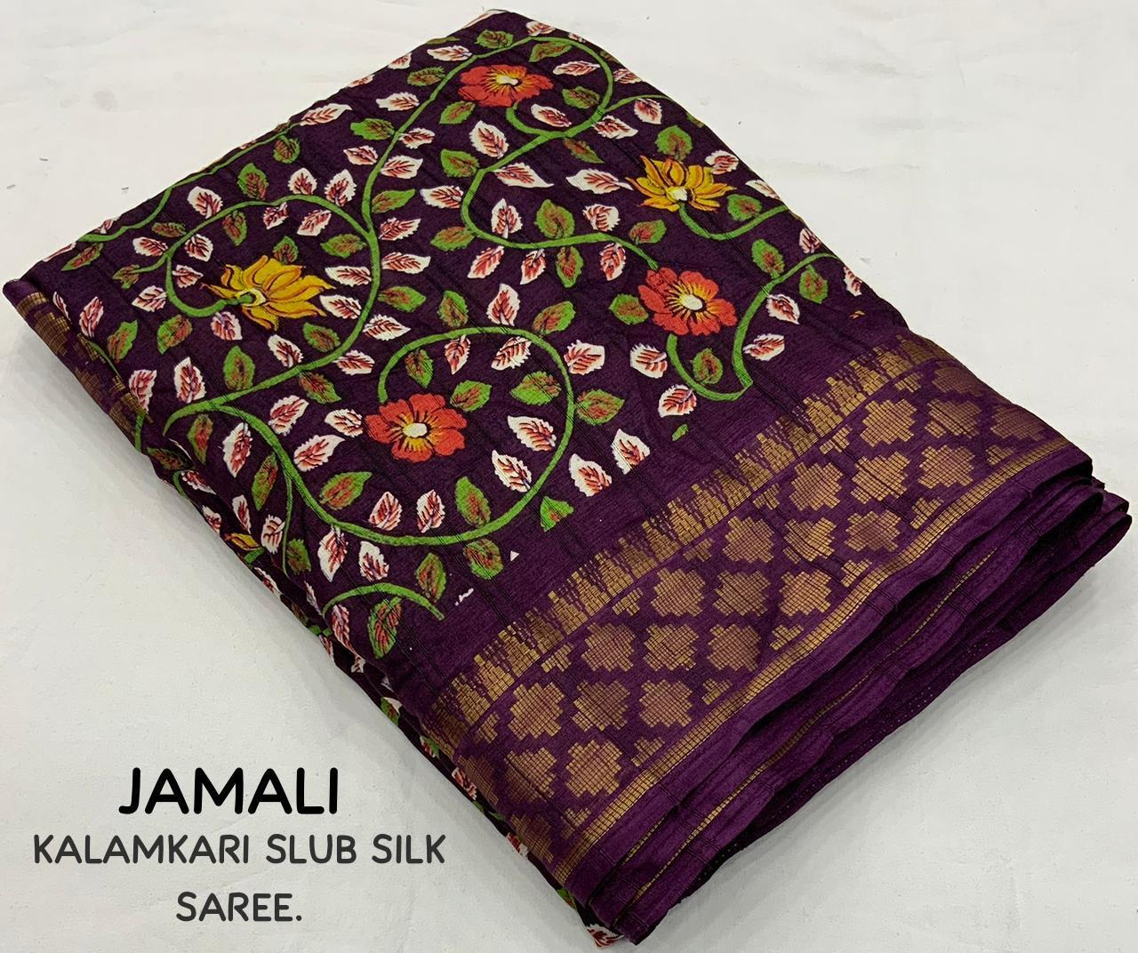 Purple Slub Silk Printed Saree with Unstitched Blouse Piece