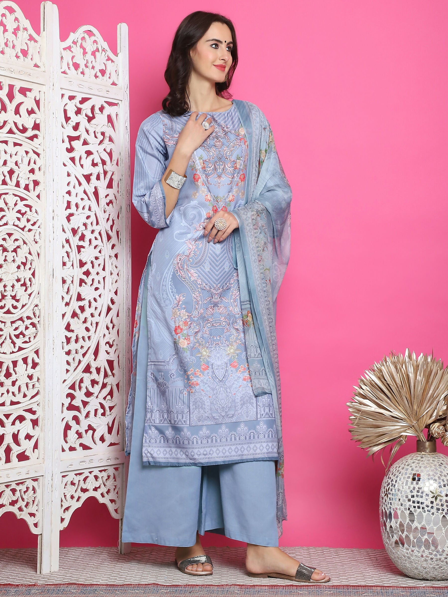 Women's Grey Satin Floral Digital Print Kurta Set with Crystal Work