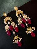 Elegant maroon Pachi Kundan jade stone beaded earrings with intricate brass craftsmanship