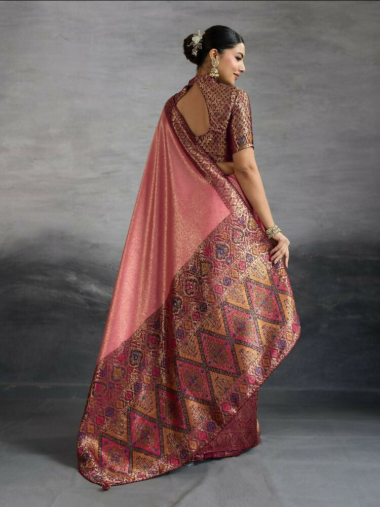 Peach Kanjivaram Soft Silk Saree with Kadiyal and Meenakari