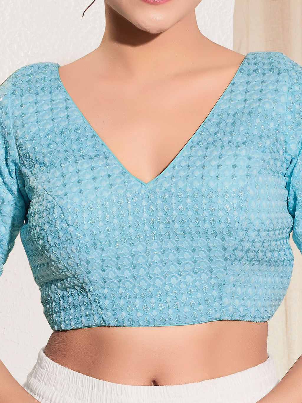 Light Blue Crochet Padded Blouse with V-Neck and Elbow Sleeves