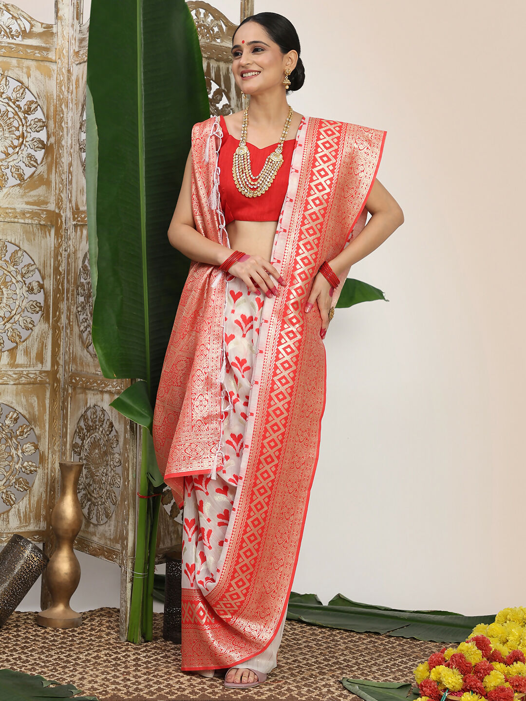 Red and White Linen Cotton Saree with Matching Blouse