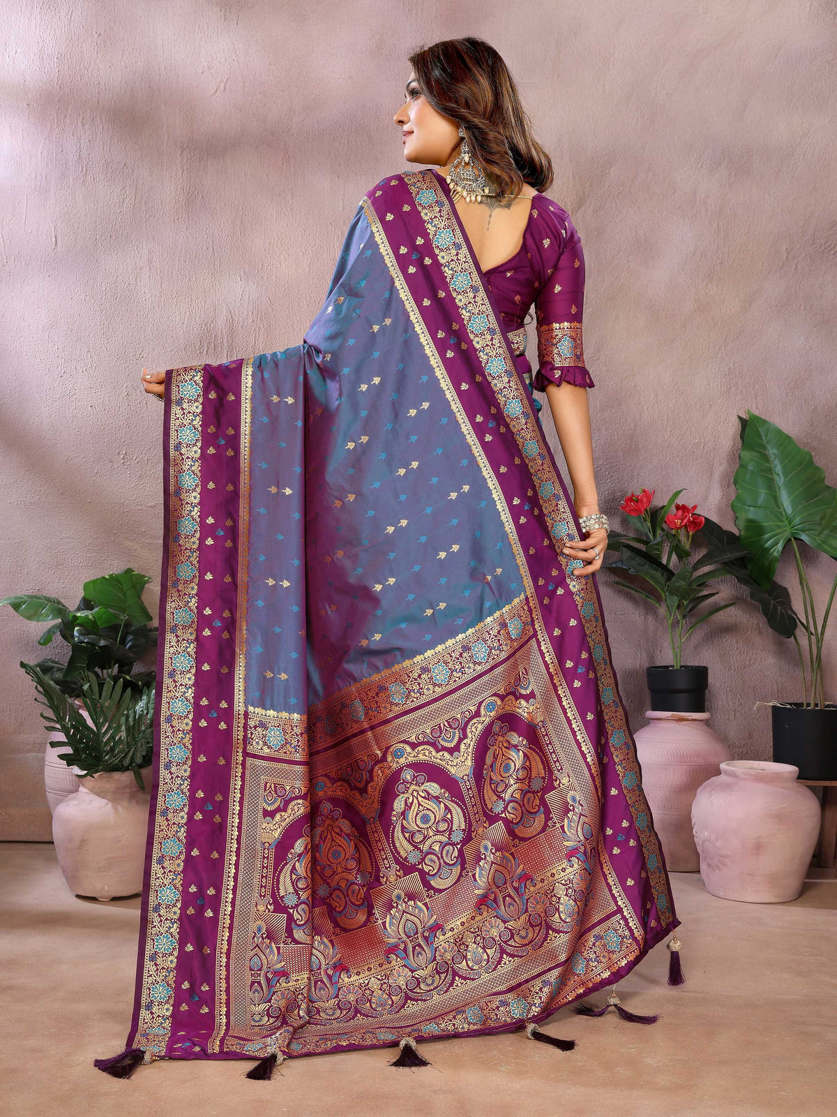 Grey Kalamkari Silk Saree with Zari Woven Detail and Purple Blouse