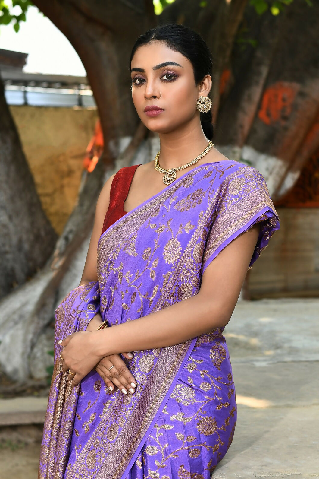 Dark Lilac Crepe Chiffon Banarasi Silk Saree