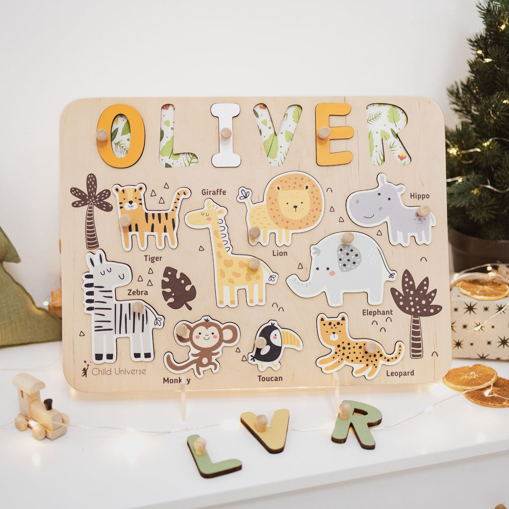 Wooden jungle-themed name puzzle board for children