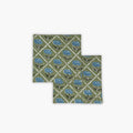 Set of two Noor linen table napkins with blue and olive rose hand-block floral print.