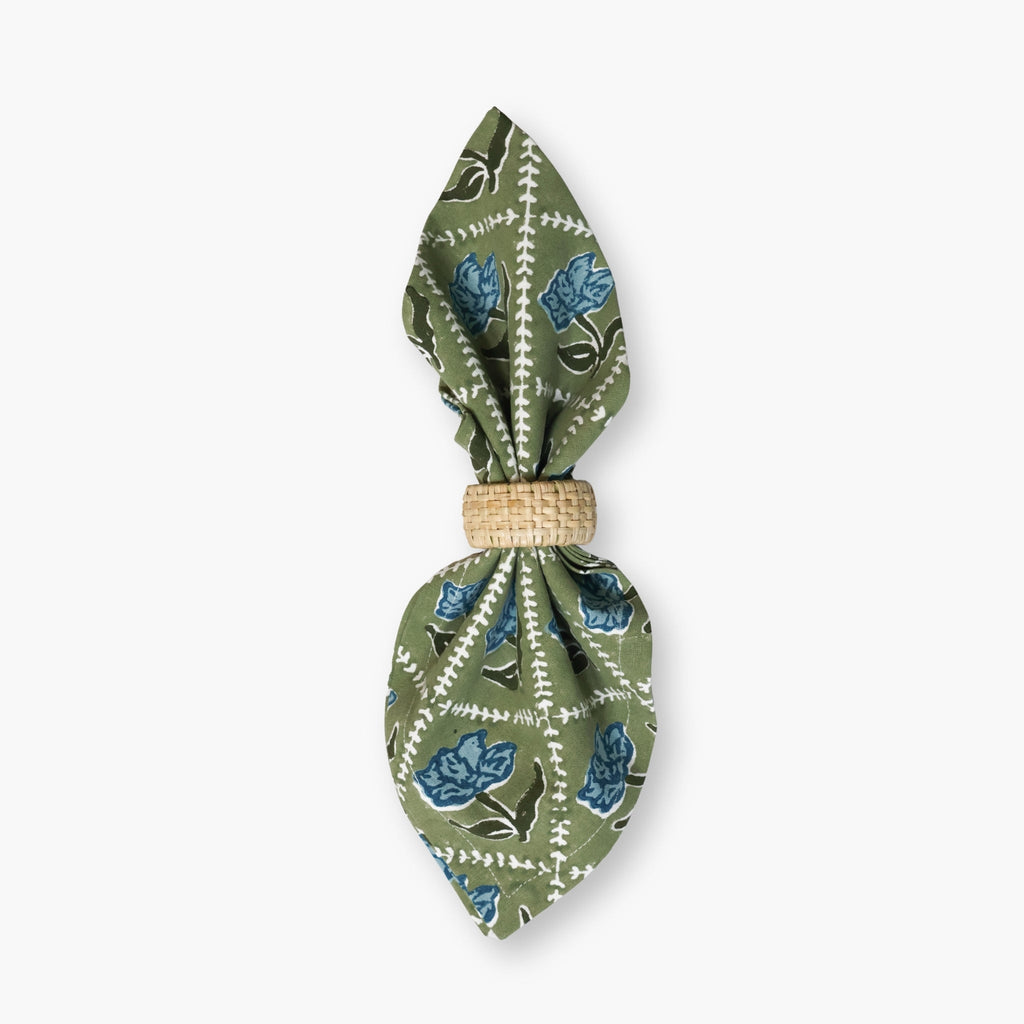 Noor Hand-Block Printed Linen Table Napkins, Olive & Blue Set