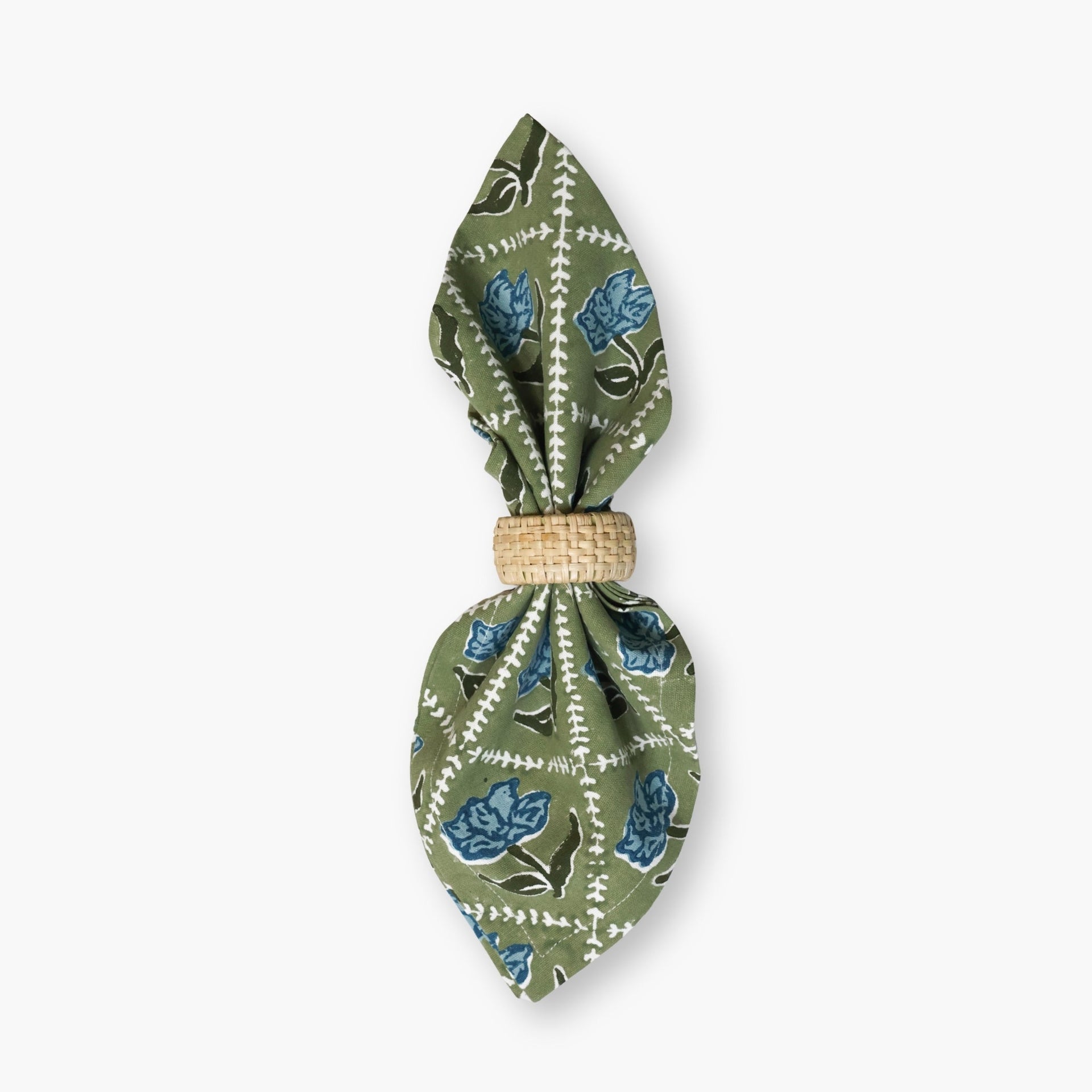 Noor Hand-Block Printed Linen Table Napkins, Olive & Blue Set