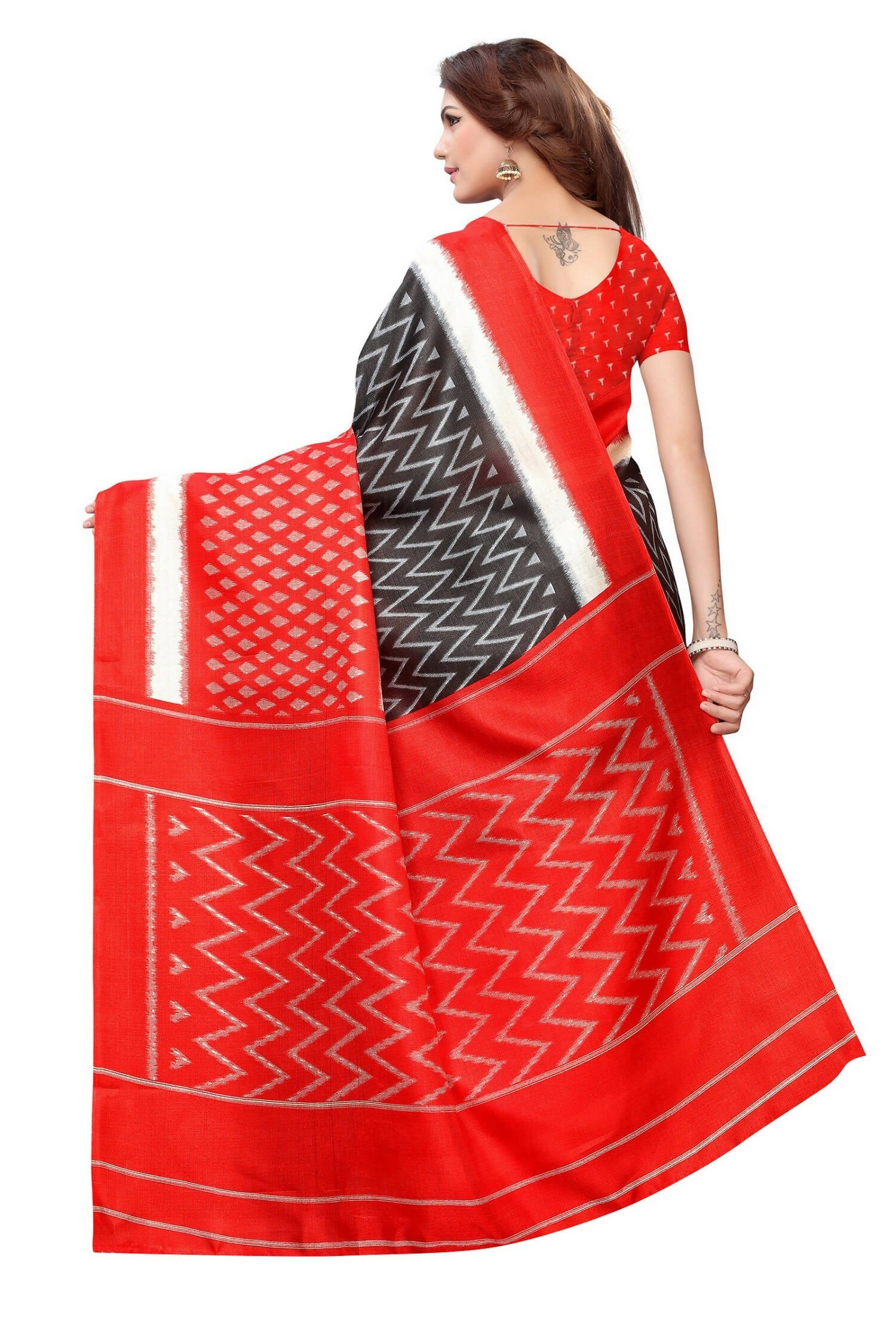 Red & Black Kalamkari Khadi Silk Saree with Jhalar Border