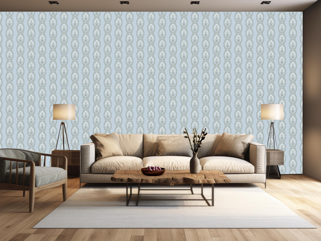 Nattie Floral Wallpaper in Green Blue Pink White Bohemian Style