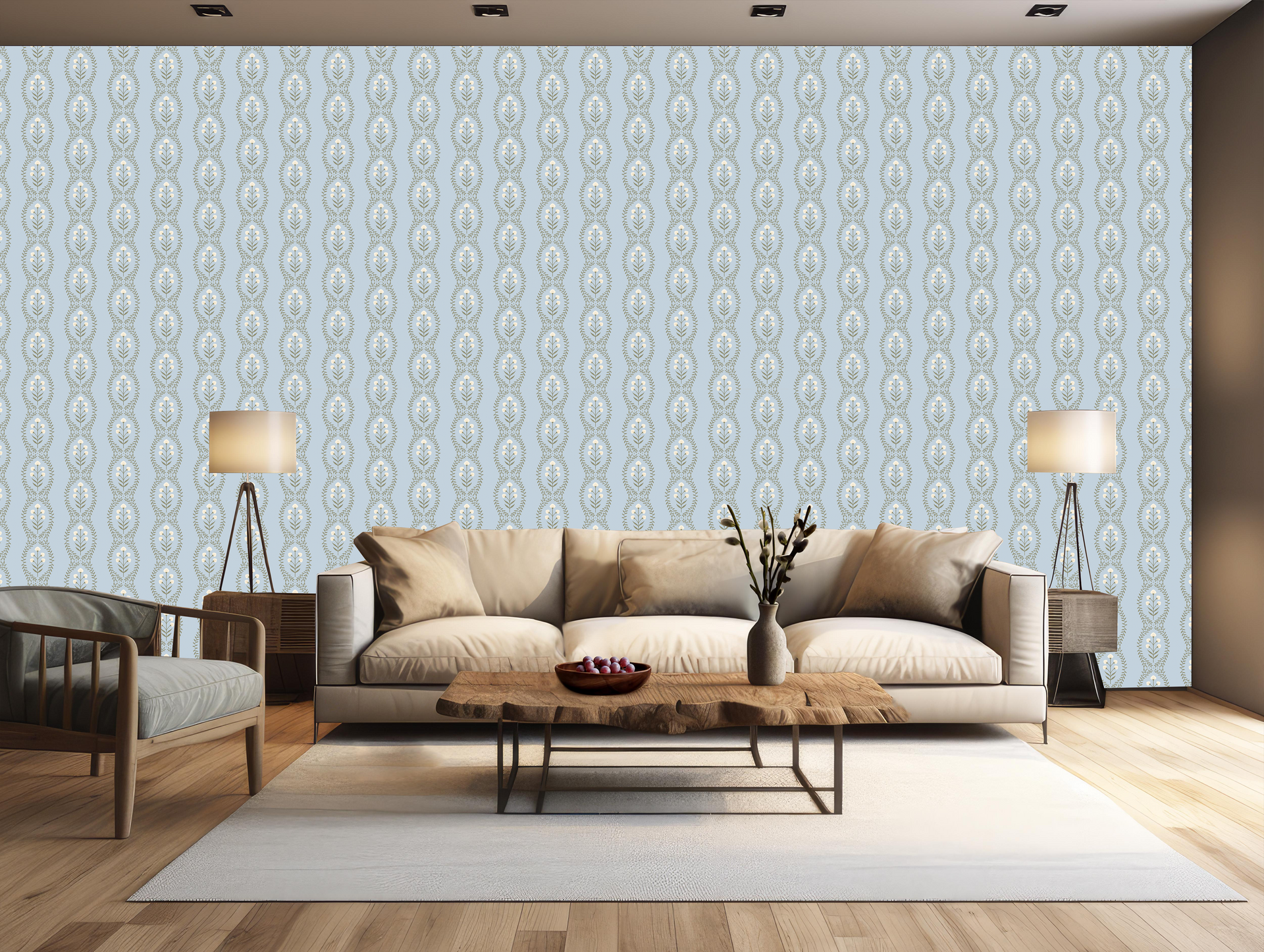 Nattie Floral Wallpaper in Green Blue Pink White Bohemian Style