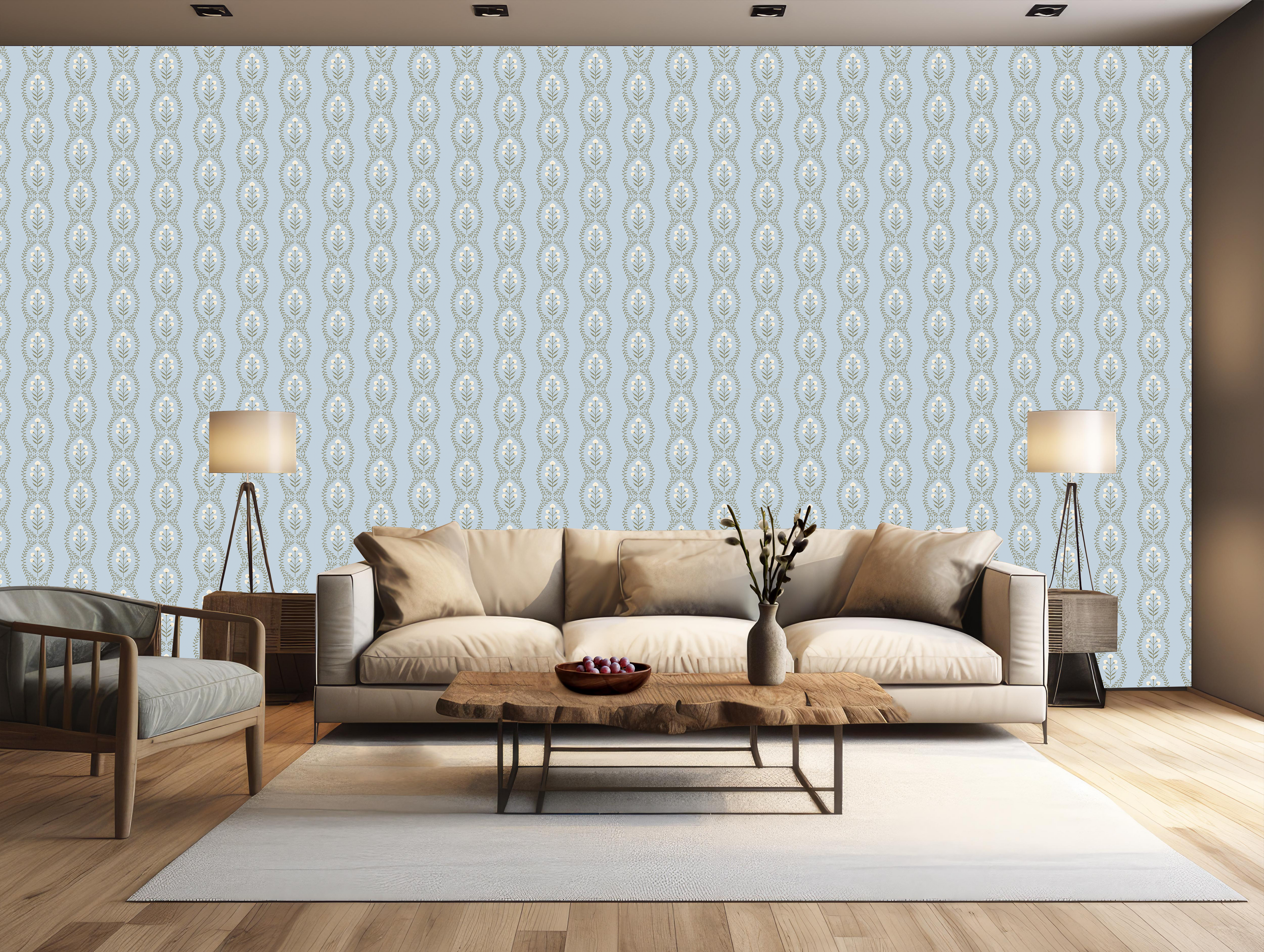 Nattie Floral Wallpaper in Green Blue Pink White Bohemian Style