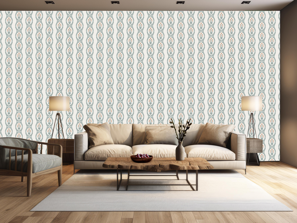 Nattie Floral Wallpaper in Green Blue Pink White Bohemian Style