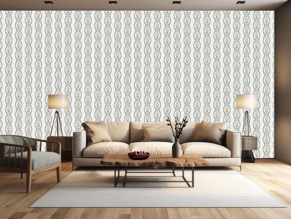 Nattie Floral Wallpaper in Green Blue Pink White Bohemian Style