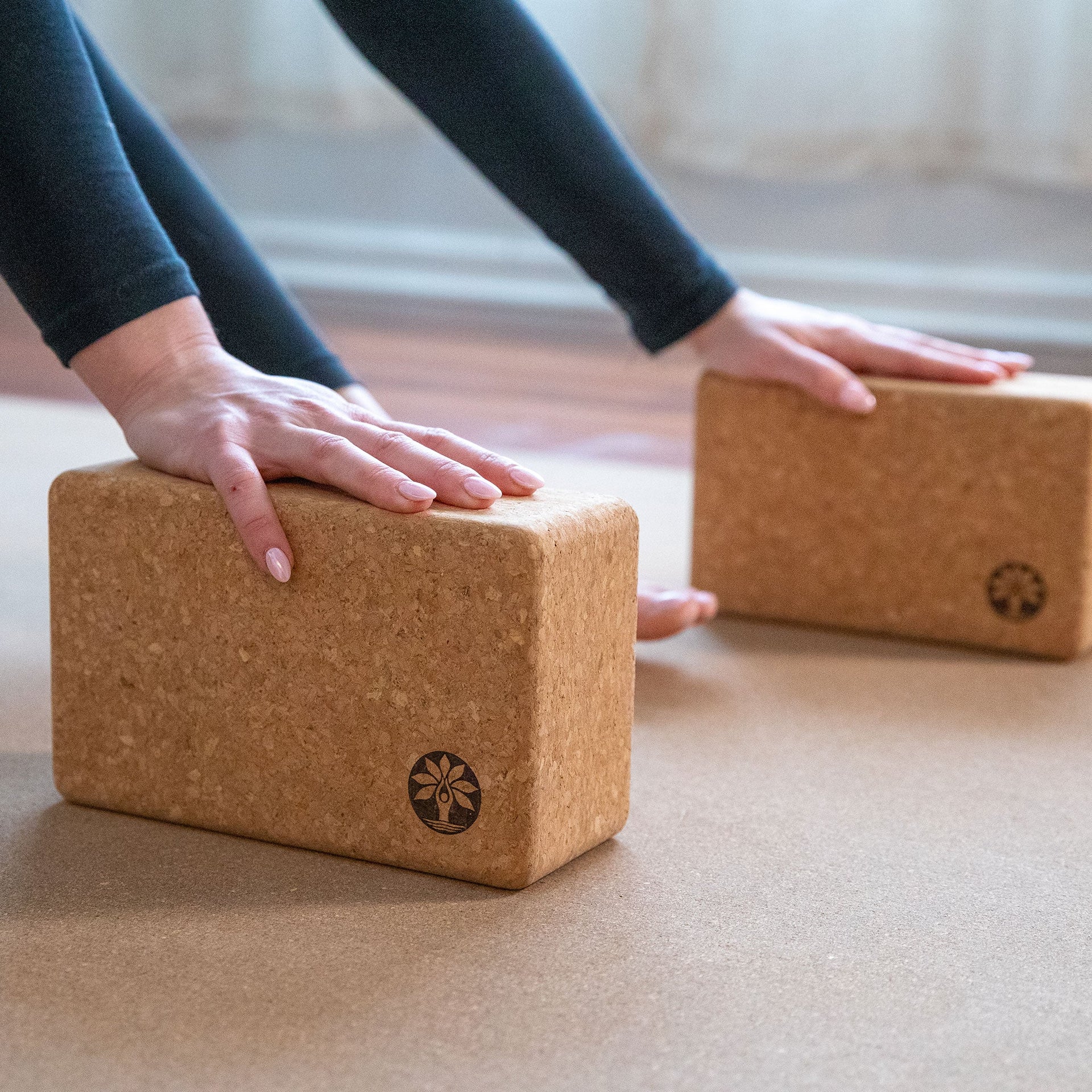Solid Cork Yoga Block Set for Stability & Support - Minimalist Tan
