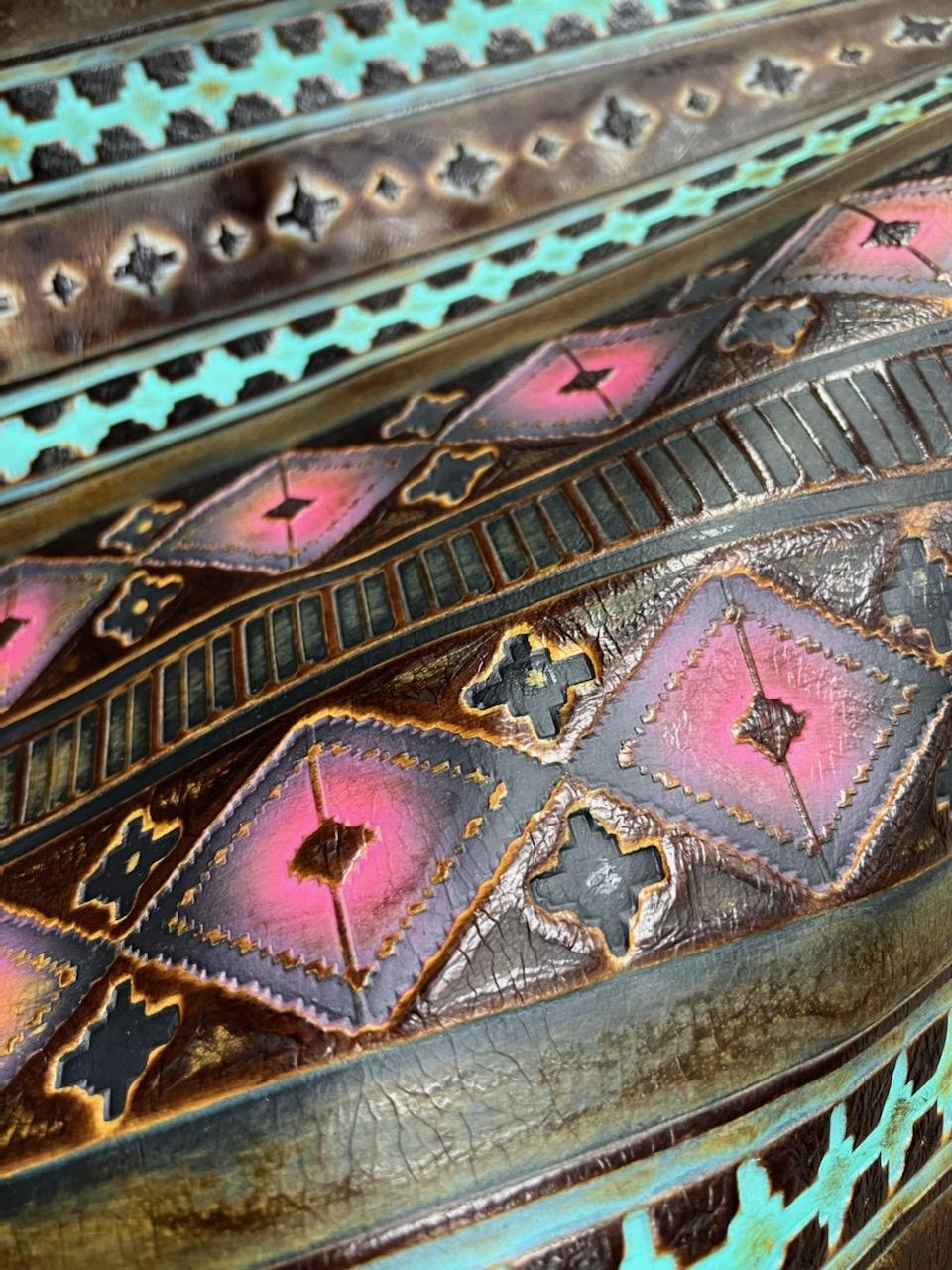 Rope Edge Leather Belt Buckle with Turquoise Stone Magenta - Image 3