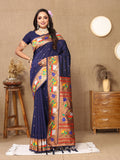 Navy blue soft Paithani silk saree with gold Zari Meenakari weaving and a matching blouse piece