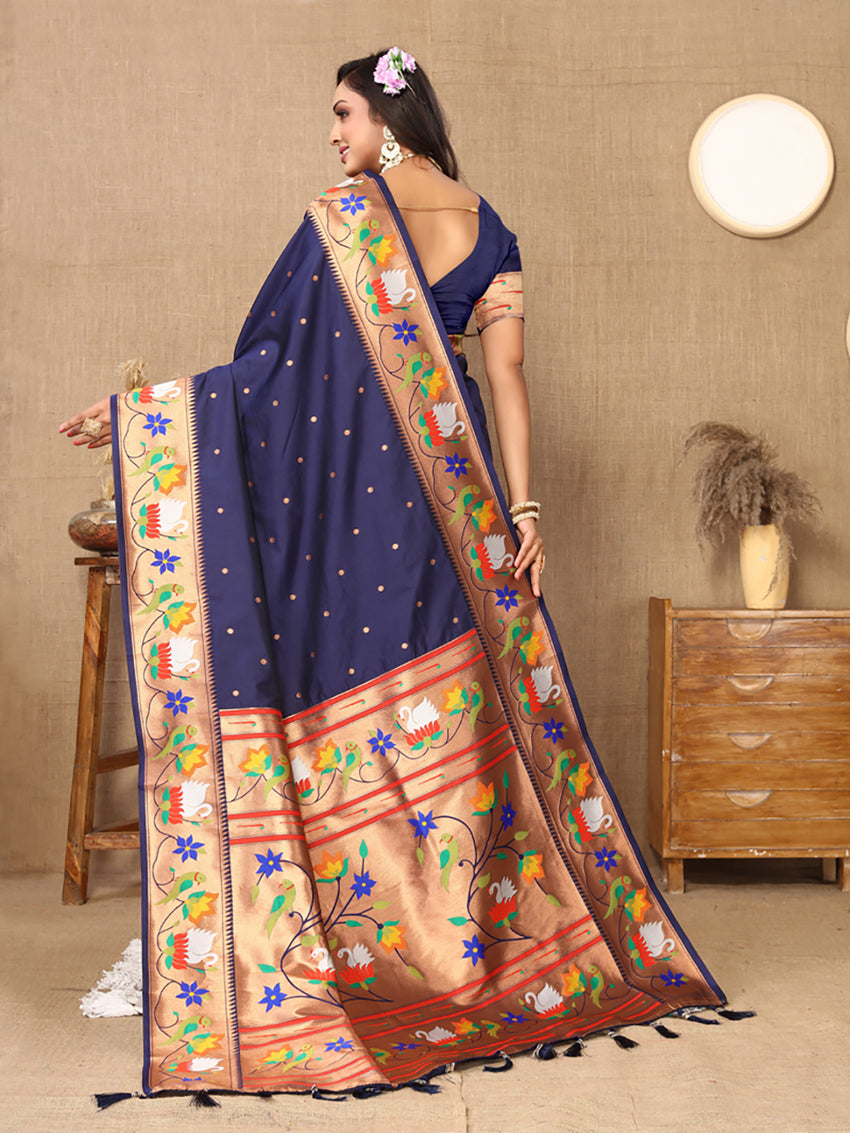 Navy Blue Soft Paithani Silk Saree with Rich Zari Meenakari Weave