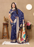 Navy Blue Soft Paithani silk saree with intricate gold Zari Meenakari weaving and matching blouse fabric