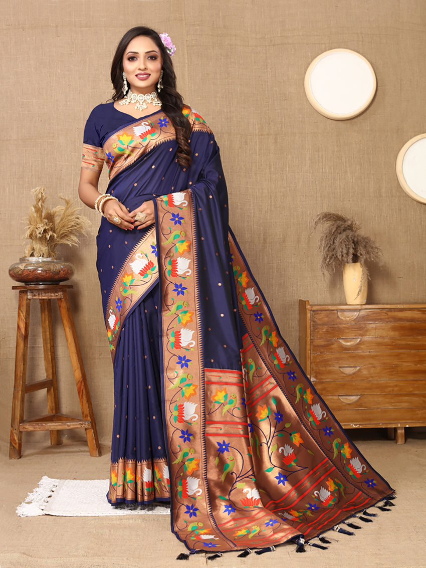 Navy Blue Soft Paithani Silk Saree with Rich Zari Meenakari Weave