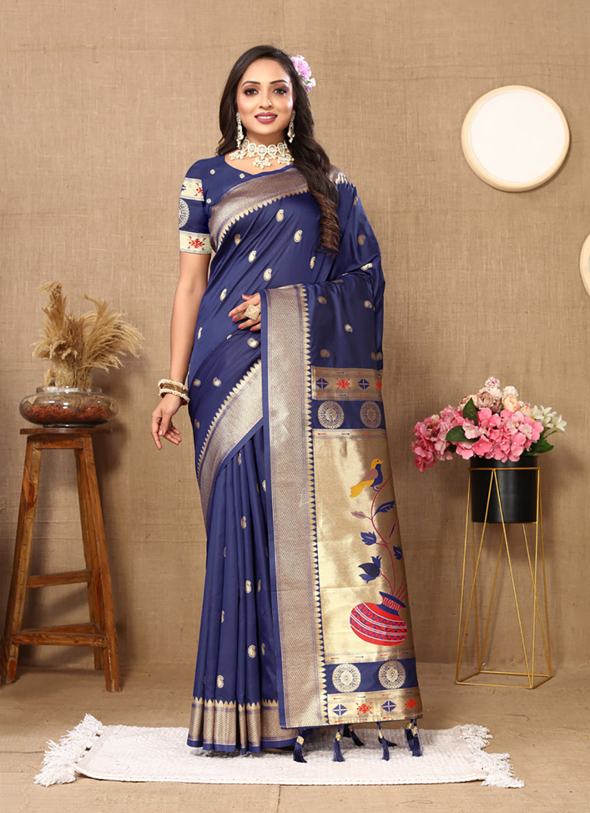 Navy Blue Soft Paithani Silk Saree with Rich Zari Meenakari Weaving
