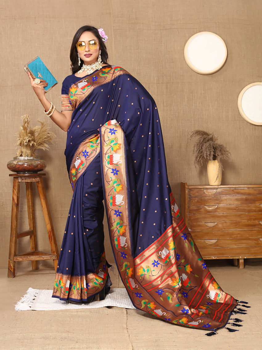 Navy Blue Soft Paithani Silk Saree with Rich Zari Meenakari Weave